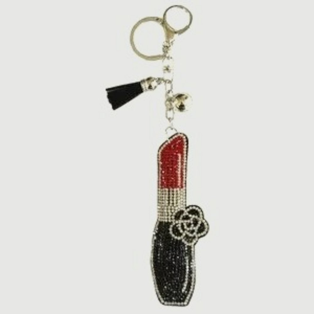 NWT Bling Rhinestone Red Lipstick Puffy Tassel Keychain Purse Charm